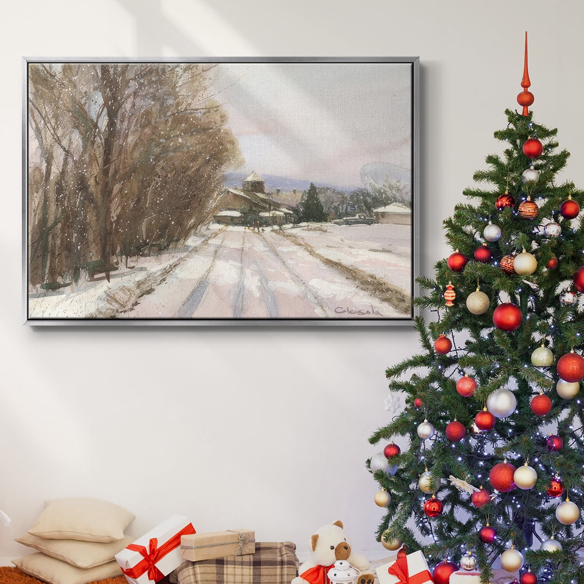 Indian Orchard Greek Orthodox Church - Framed Gallery Wrapped Holiday Canvas - 17 x 25 - Silver Frame