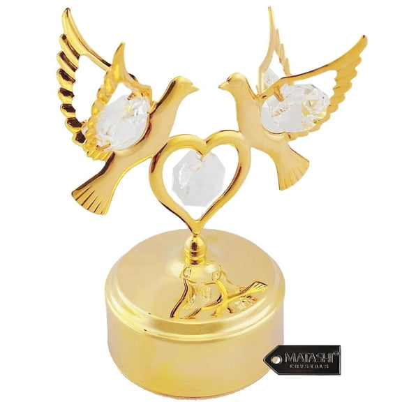 Matashi  Home Decorative Showpiece 24K Gold Plated Music Box with Crystal Studded Love Doves Figurine on a Smooth Base