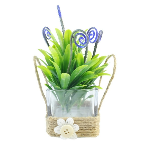 K-Cliffs Mini Rustic Style Green Artificial Plant in Square Clear Glass Pot, Decorated by Rope Made of Hemp for Home Décor, Dimensions: 3.5L x 3.5W x 6.3H inches
