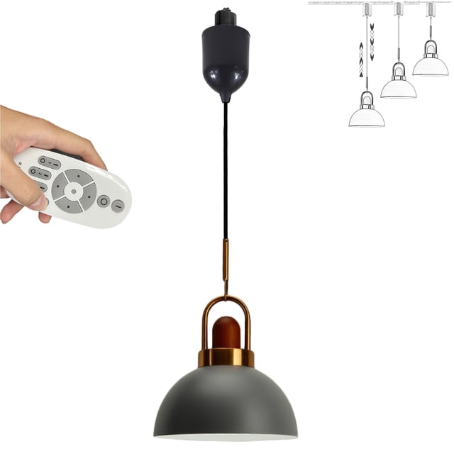 FSLiving Wooden Iron Brass Handle Pendant Light Height-Adjustable H-Type Track Light 4ft Cord Semicircle Macaron Grey for Modern Farmhouse Remote Control with LED Bulbs Rustic Cottage Style - 1 Light