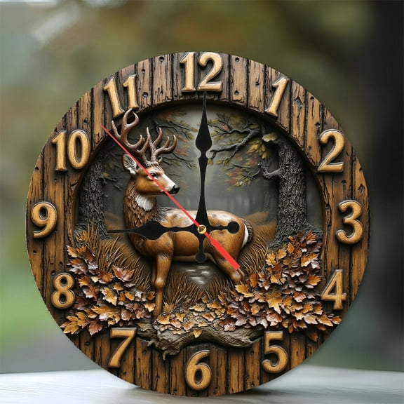 Antlered Stag Wall Clock Rustic Decor Art 10-Inch Silent Wooden Wall Clock, Battery Operated (AA Batteries Not Included), Artistic Home Decor