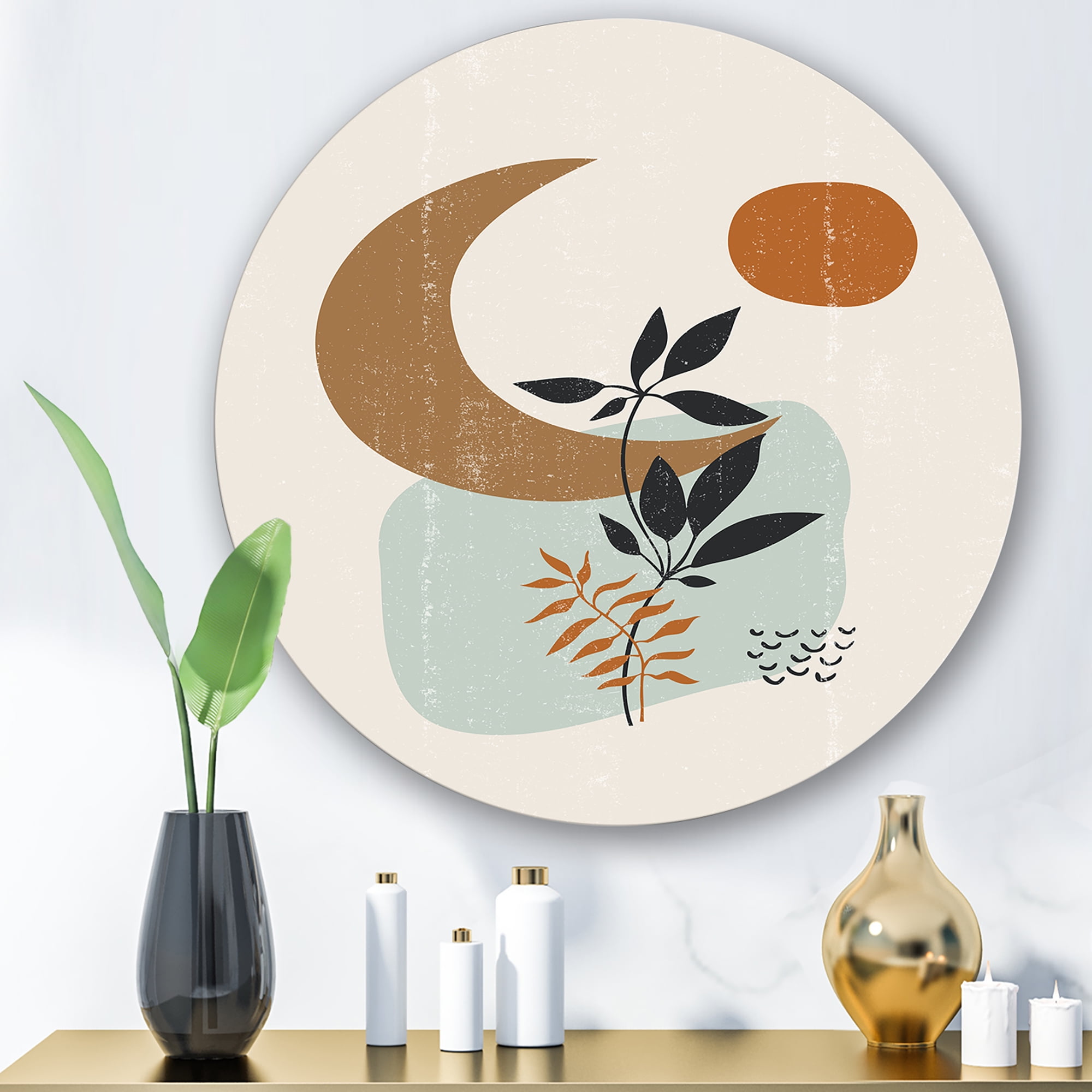 Designart 'Abstract Moon and Sun With Minimal Plants' Modern Circle Metal Wall Art 11x11 - Disc of 11