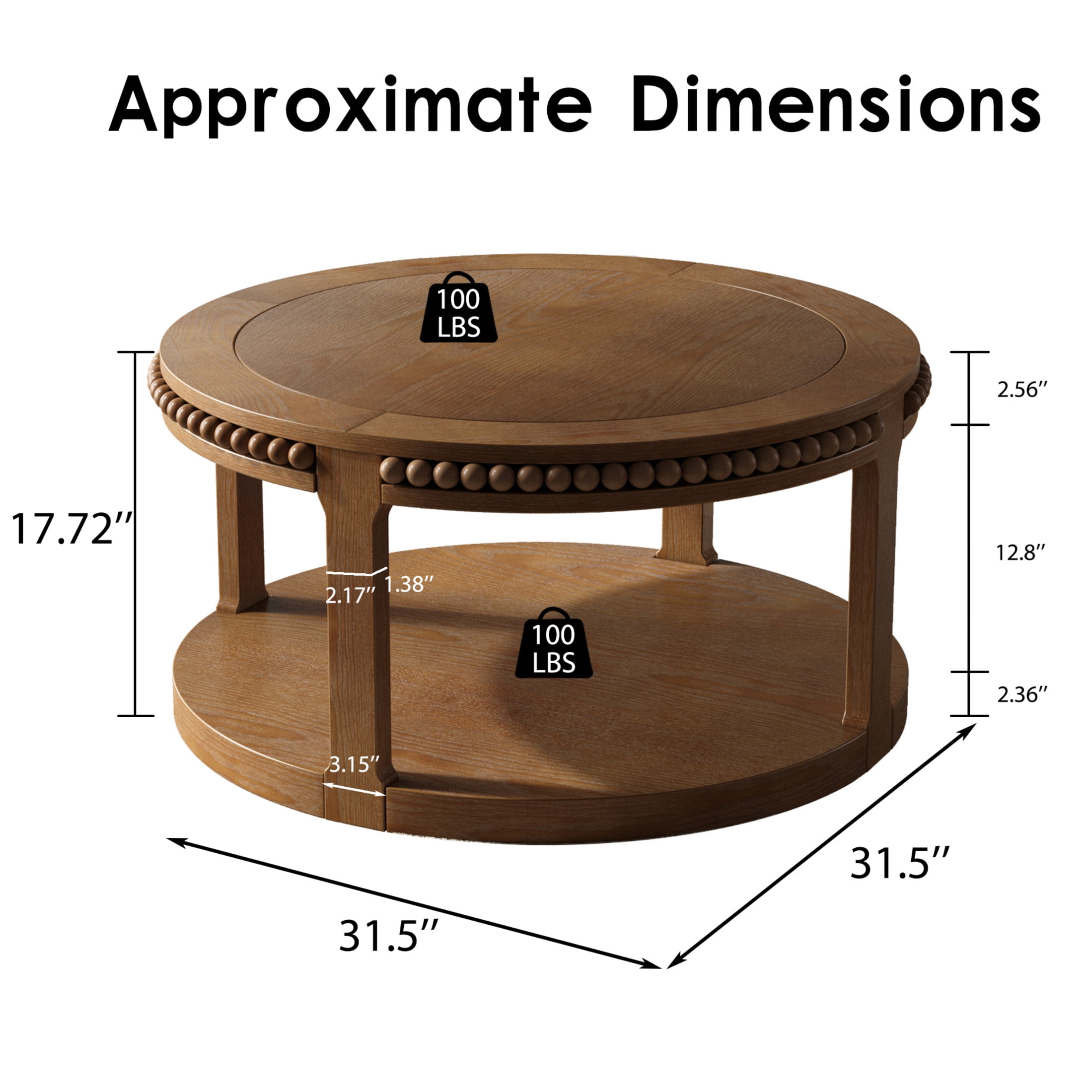 Noble House Solid Wood Round Coffee Table for Living Room,2-Tier Rustic Wood Desktop with Storage Shelf Modern Design Home Furniture, Walnut Brown