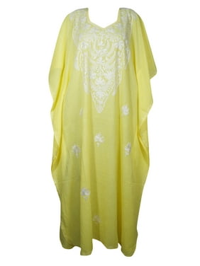 Mogul Women Light Yellow Maxi Caftan Dress Floral Embroidered Cotton Housedress 3XL