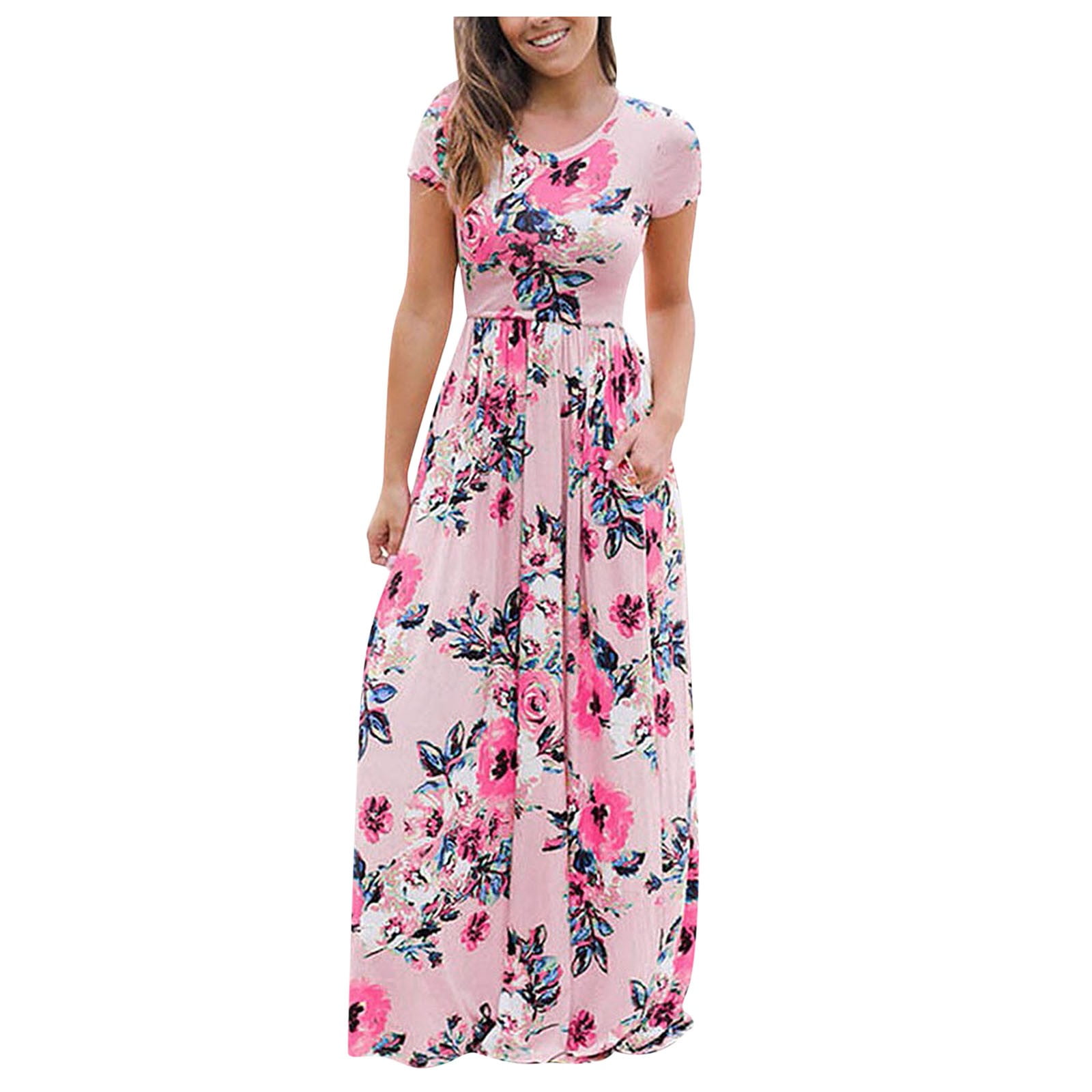 Toyfunny Women's Casual Floral Printed Dress Short Sleeve Maxi Dress ...