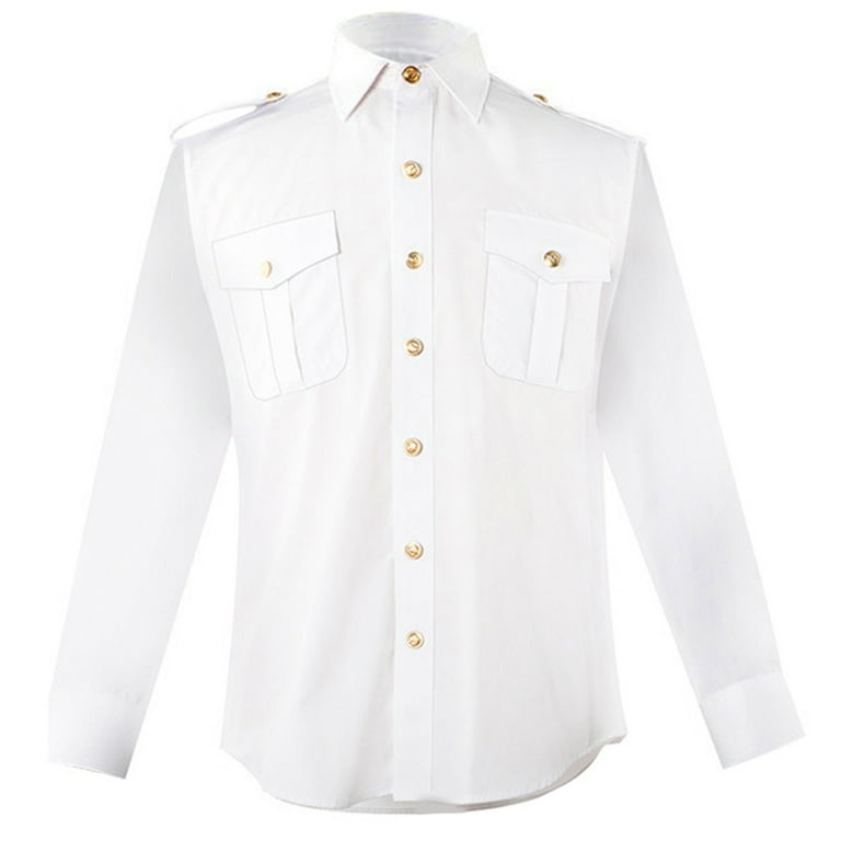 white dress shirt with gold buttons White Short/Long Sleeve Work Shirt Lapel Button Down Uniform Pilot Dress  Shirt