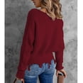 thumbnail image 4 of Suéter de punto de manga larga con cuello en V para mujer, suéter holgado informal a la moda para Otoño e Invierno con hombros descubiertos, color rojo vino L, 4 of 6