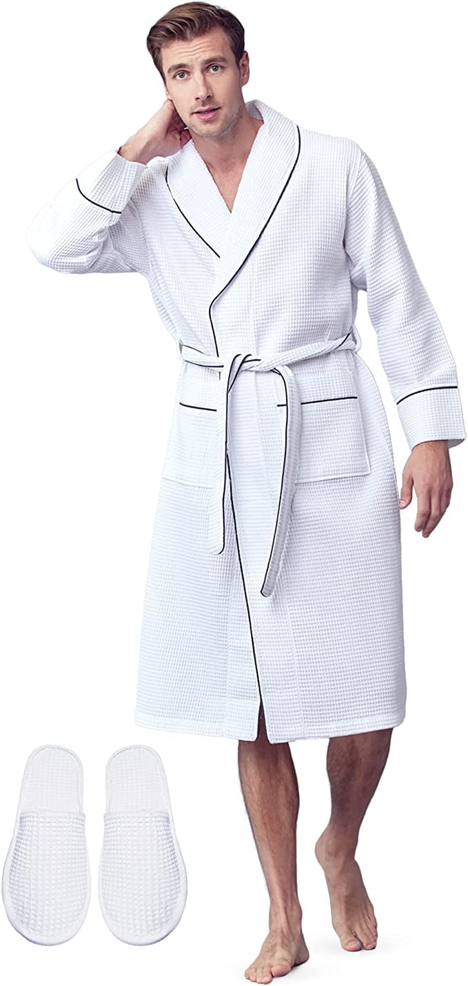 LOTUS LINEN Waffle Piping Robes for Men - Hotel/Spa Luxury Cotton ...