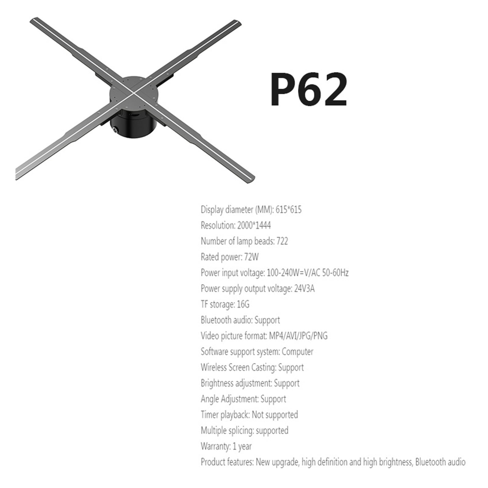 62CM 3D Holographic Projection Fan Led Advertising Display Holographic Light Remote Control Player Support 3D Image ,Portable Design