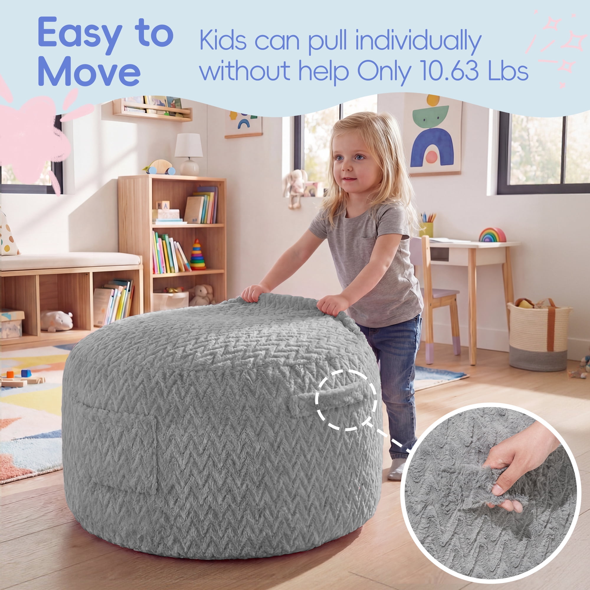Fulsmile 2.5Ft Bean Bag Chair for Kids with Memory Foam Filling, Kid Cozy Plush Chair with Detachable Soft Cover for Bedroom Living Room Play Room, Chevron Gray
