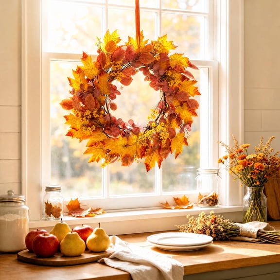 Scidweet Fall Wreath for Front Door, 22" Artificial Autumn Maple Leaf Wreaths Fall Decorations for Home Outdoor Indoor Door Porch Farmhouse Harvest Thanksgiving Decor