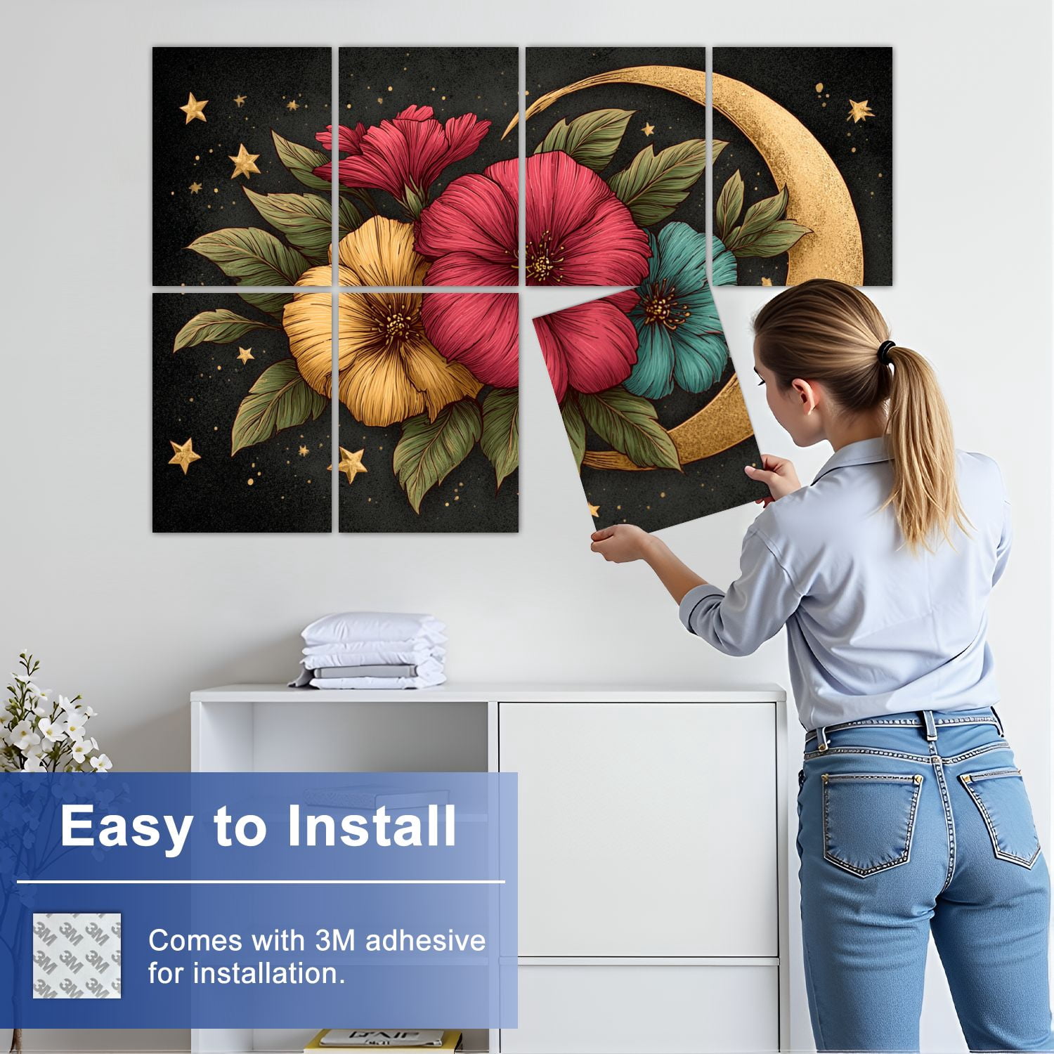8 Pack Art Acoustic Panels Sound Absorbing Vintage Dark Moon Botanical Night Forest 3D Texture Hand Drawn Decorative Soundproof Wall Panels Self Adhesive for Studio Home Office 48"x32"