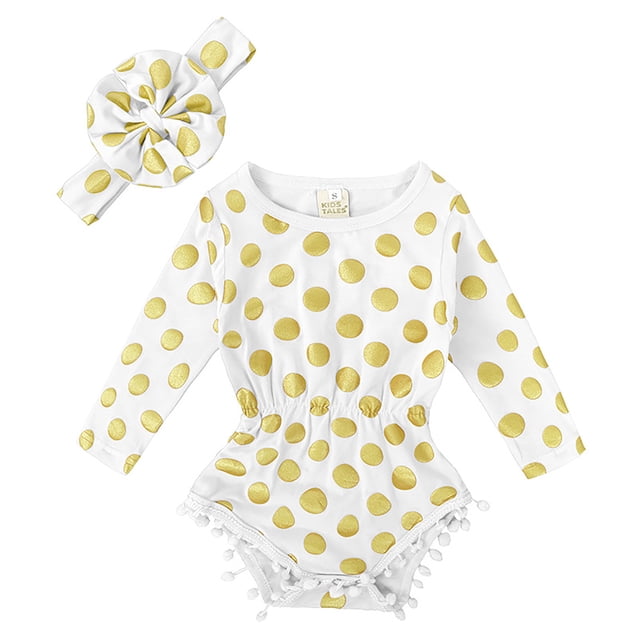 PMVFHDE Fall Romper Baby Girls' Long Sleeve Romper Soft Bodysuit With Gold Foil Print & Pom Pom Design Cute And Comfortable Outfit For Spring And Fall Girls' Jumpsuits & Rompers White,3-4 Years