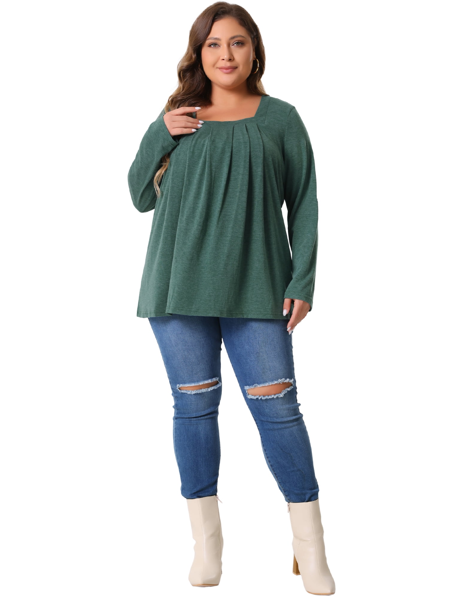 DARING DIVA Women's Plus Long Sleeves Square Neck Flowy Pleated Top 3X Green