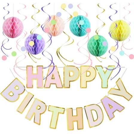 Pastel Birthday Decorations Kit - 17 Pcs Set with Happy Birthday Banner, Honeycomb Balls, Garland & Swirls, Macaron Theme Party Supplies for Women Girls Kids, Teens Adults