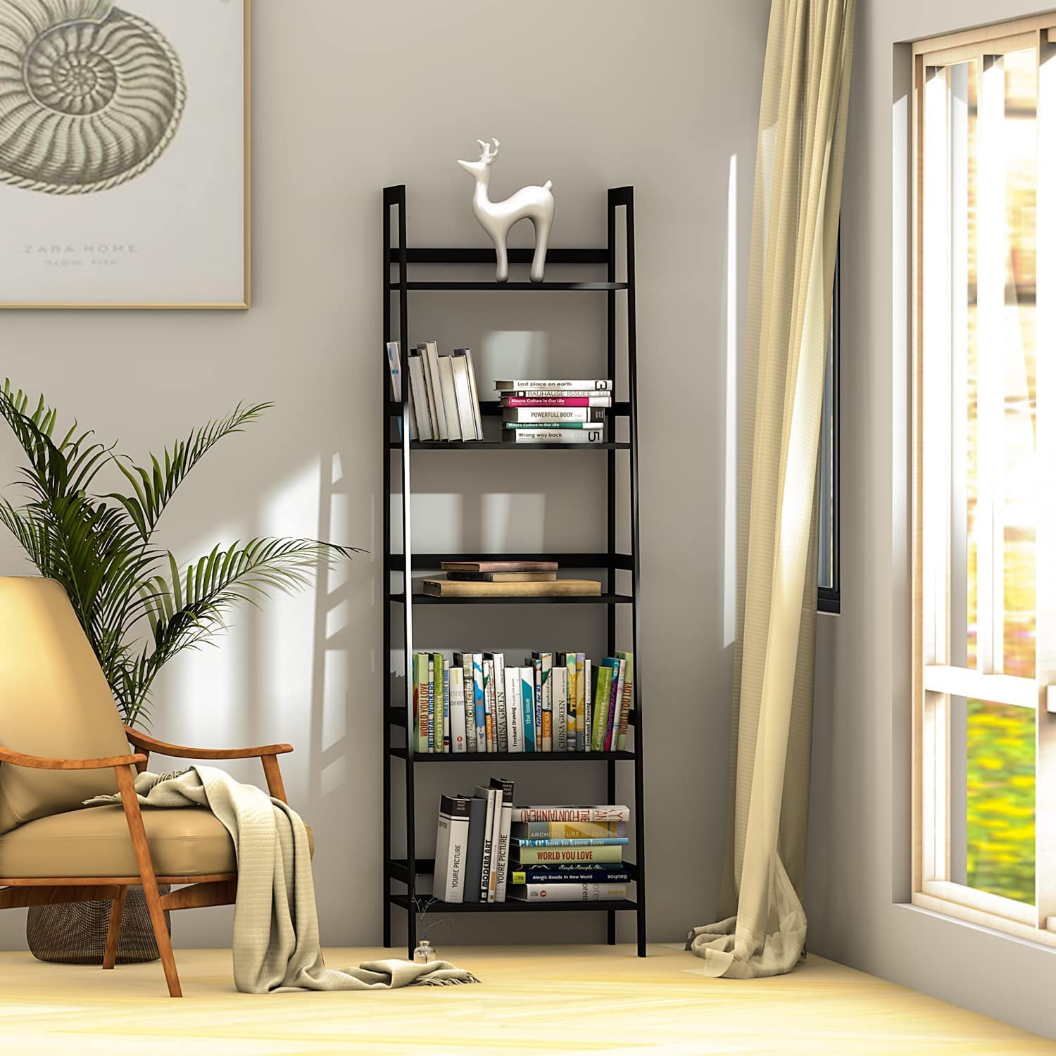 Kadyn Bamboo Bookshelf, 5-Tier Book Shelf Bookcase Bathroom Shelves Freestanding Storage Stand for Living Room, Bedroom, Kitchen, Black