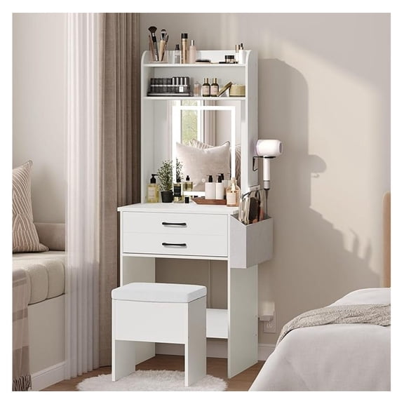 Small Makeup Vanity Desk with Mirror and Lights, White Vanity Table Set with Storage Drawers and Storage Stool for Small Space, Dressing Table, Storage Side Bag, Mini Vanity for Bedroom