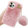 thumbnail image 4 of Furry Case for iPhone 12 Pro Max 6.7 Inch  Soft Fluffy Plush Faux Rabbit Fur Warm Hairy Shockproof Silicone Bumper Protective Cover with Cute Love Heart Hair Ball Pendant - Pink, 4 of 7