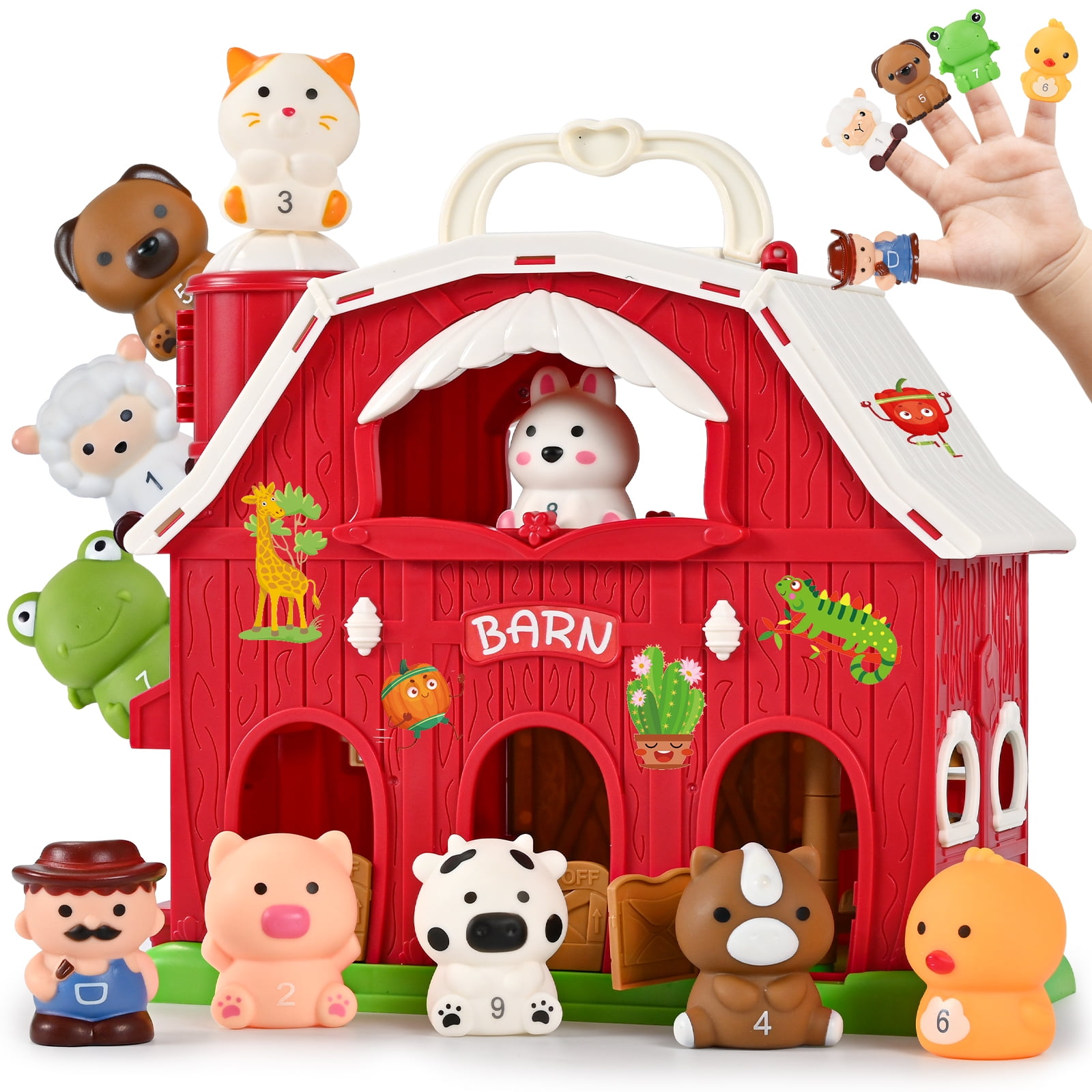 QIAHO Farm Animal Barn Toys Portable Doll House with Finger Puppets & DIY Stickers, Montessori Pretend Play Toy for Toddlers Birthday Gift