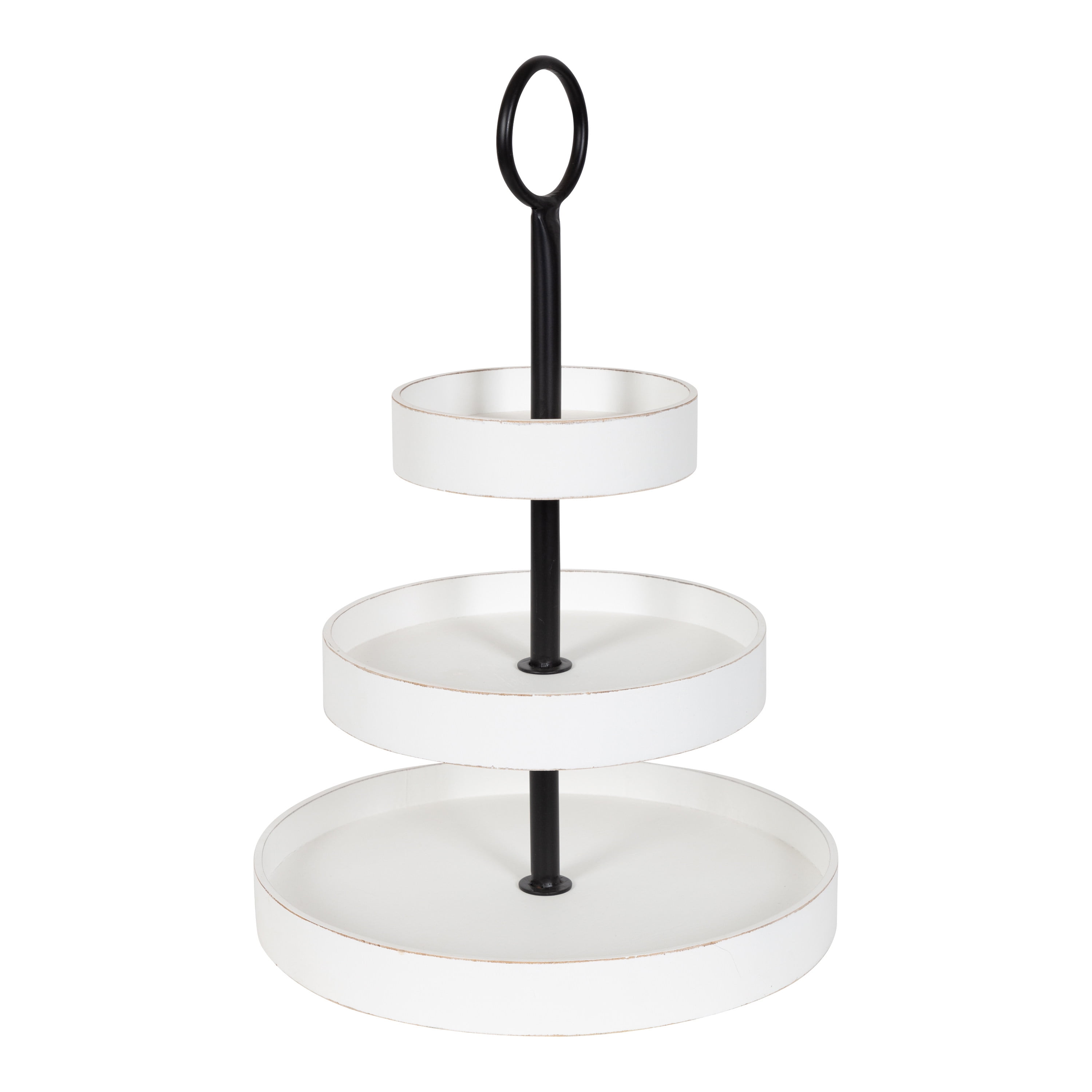 Distressed White and Rustic Brown 3-Tiered Round Wood and Metal Tray