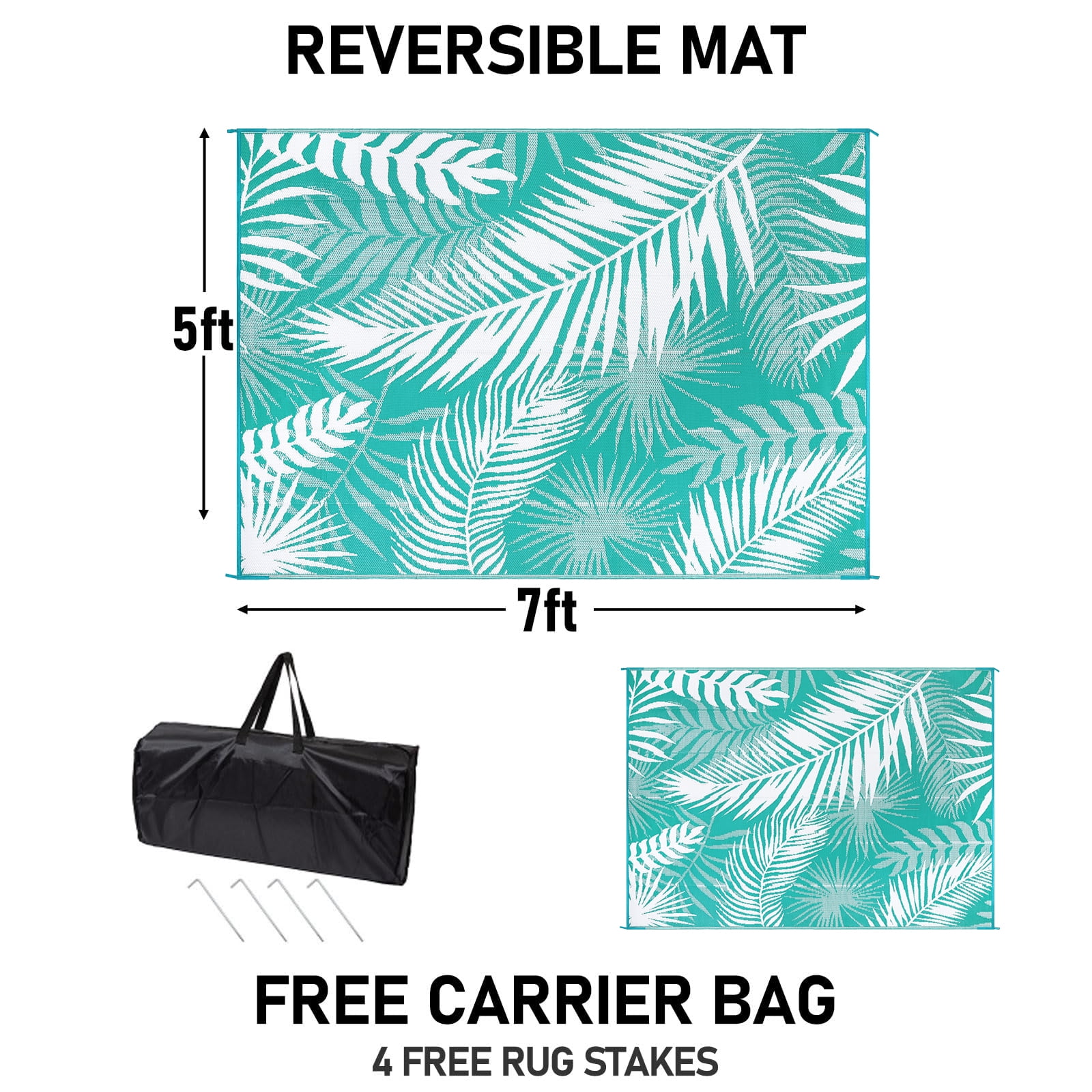 MeyJey Outdoor Rug, 5'x7' Reversible Waterproof Area Rug, Plastic Mat for RV Patio Camping, Teal