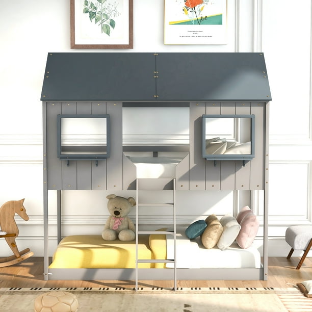 House Bunk Bed for Kids, Low Toddler Bunk Bed Wood Bunk Loft Bed Frame