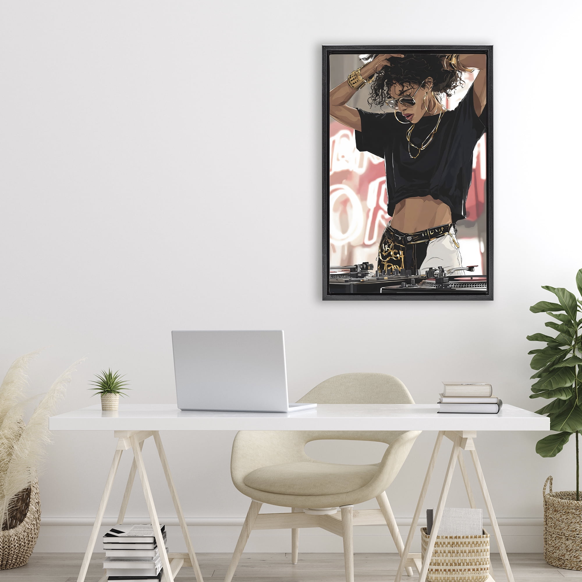 Stupell Industries Trendy Female DJ Musician Black Framed Floater Canvas Wall Art, design by Franklyn Gregory
