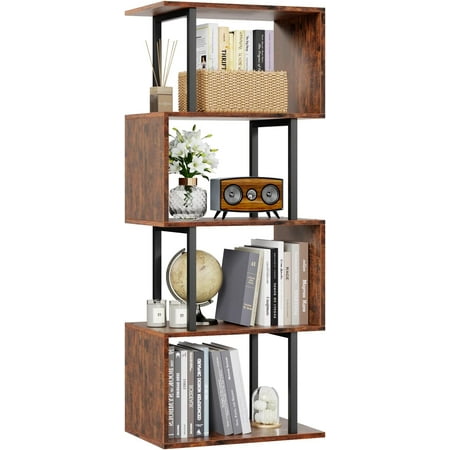 5 Tier Bookshelf, S Shaped Geometric Bookcase, Narrow Freestanding Display Shelves, Modern Decorative Storage Rack for , Room, Office, Rustic Brown