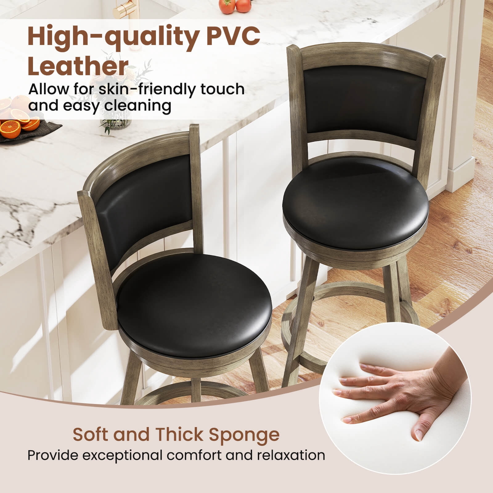 Costway Swivel Bar Stools with Solid Rubber Wood Frame Set of 4 for Kitchen Island Gray and Black