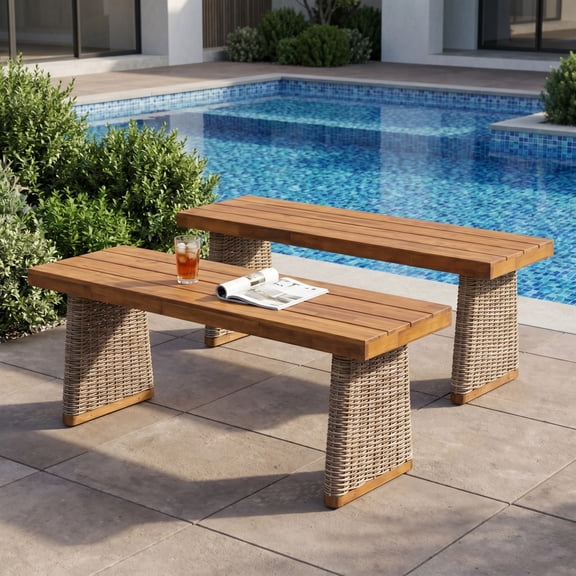 Christopher Knight Home 57" Outdoor Wood Benches with Slatted Seats and Rattan Legs, Brown, Set of 2