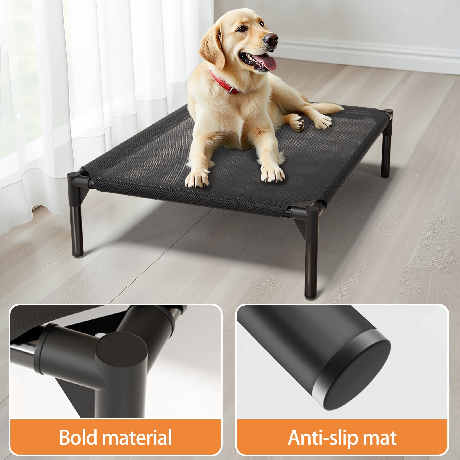 Elevated Dog Bed for Large Dogs, Raised Dog Cot Beds, Indoor & Outdoor Heavy Duty Pet Beds with Durable Teslin Recyclable Mesh, Black/3XL, 120*70*19cm