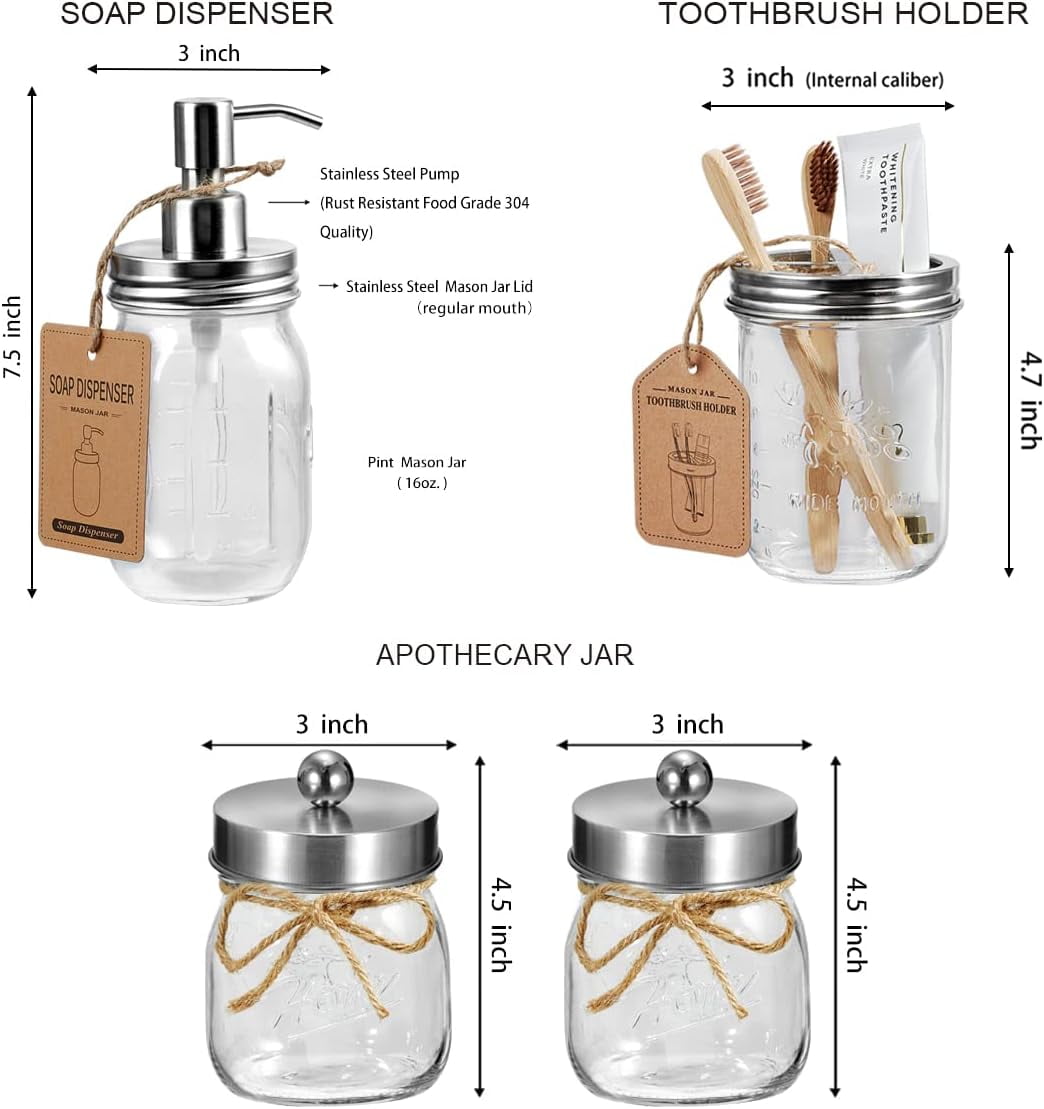 Ahot 6Pcs Bathroom Accessories Set Complete - Toothbrush Holder, Lotion Soap Dispenser, 2 Mason Jars, Soap Dish, Toilet Paper Basket, Rustic Farmhouse Decor (Brown, 6Pcs Bathroom Set)