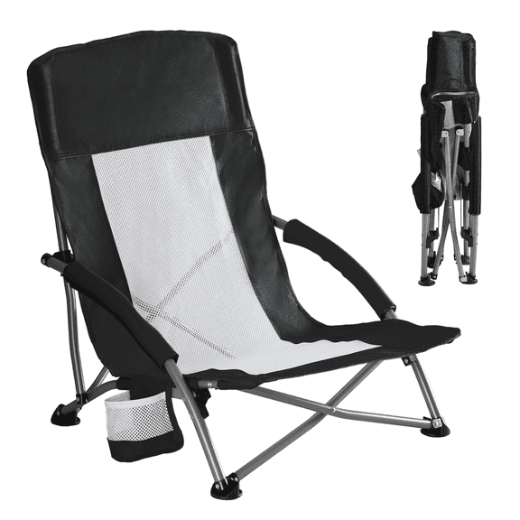 JIOABL Folding Rocking Camping Chair, Portable Outdoor Chair with 300LBS Capacity, Cup Holder & Pocket, Black