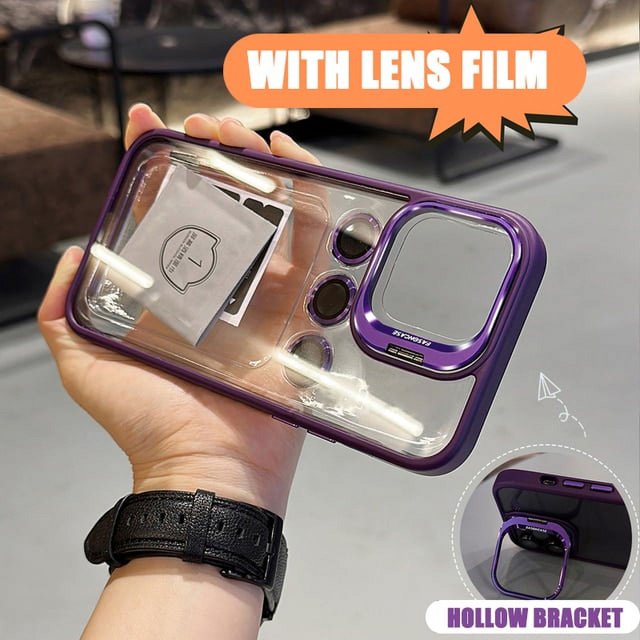 2024 Luxury Stand Phone Case with Lens Flim for IPhone 15 14 13 12 11 Pro Max Plus Transparent Shockproof Acrylic PC Cover