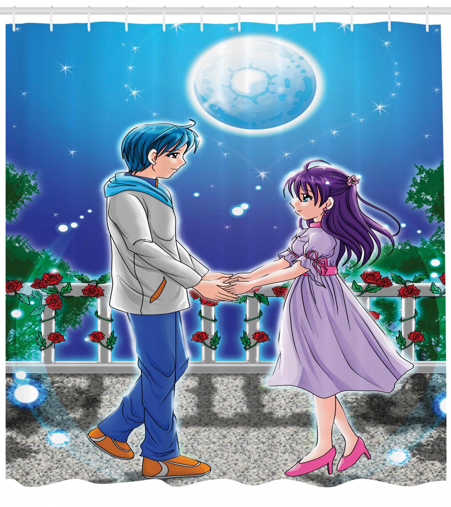 Anime Shower Curtain, Illustration of Romantic Couple Holding Hands under Moonlight Love in