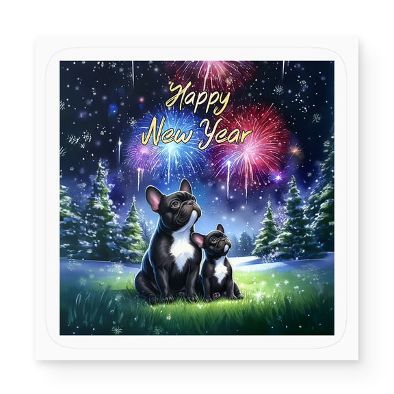 Happy New Year French Bulldog Family Cheer Winter Midnight Firework Vinyl Sticker Dog Lover Gifts Waterproof Decal Art Decor - 02025