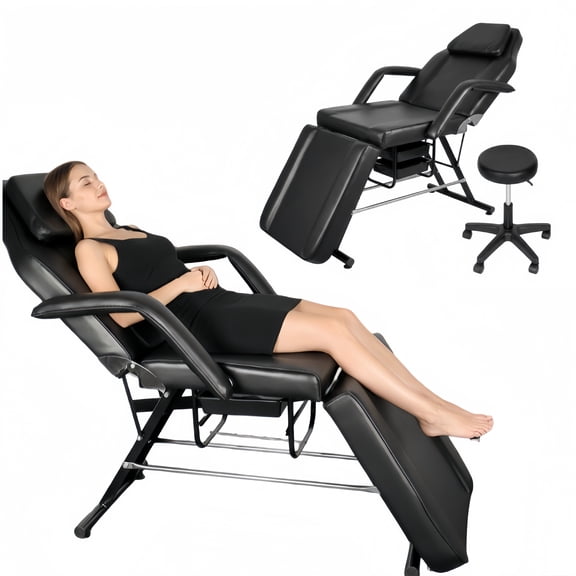 Professional Tattoo Chair with Adjustable Rolling Stool, Multi-Angle Reclining 3-Section Facial Massage Bed, Heavy-Duty Waterproof PVC Esthetician Bed for Tattoo Studios & Beauty Salons, Black