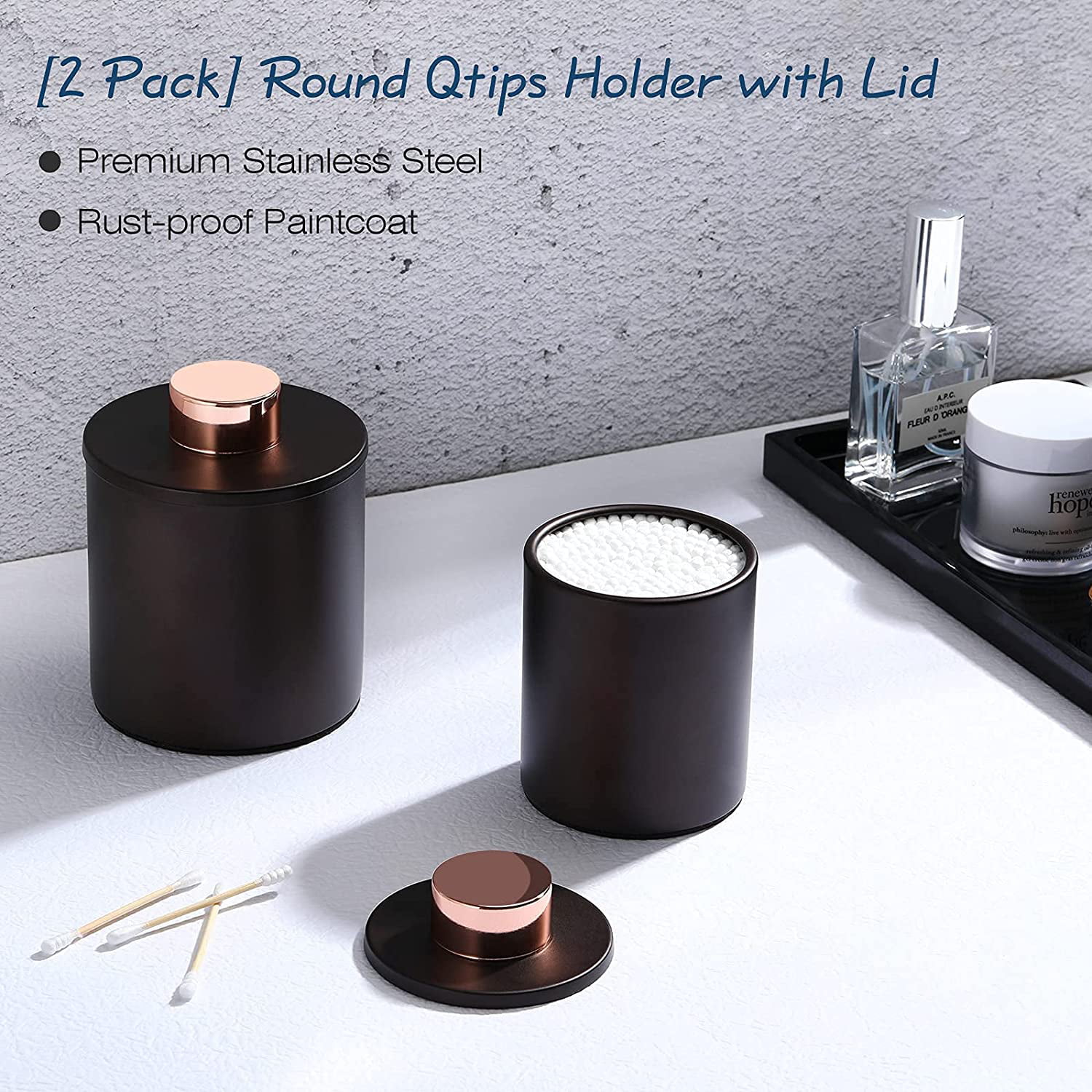 Makeup Sponges Luxpire Qtip Dispenser Holder Box with Lid Balls Hair Accessories- Bronze Rounds Q-tips 2Pck Metal Bathroom Vanity Storage Organizer Canister Apothecary Jars for Cotton Swabs 