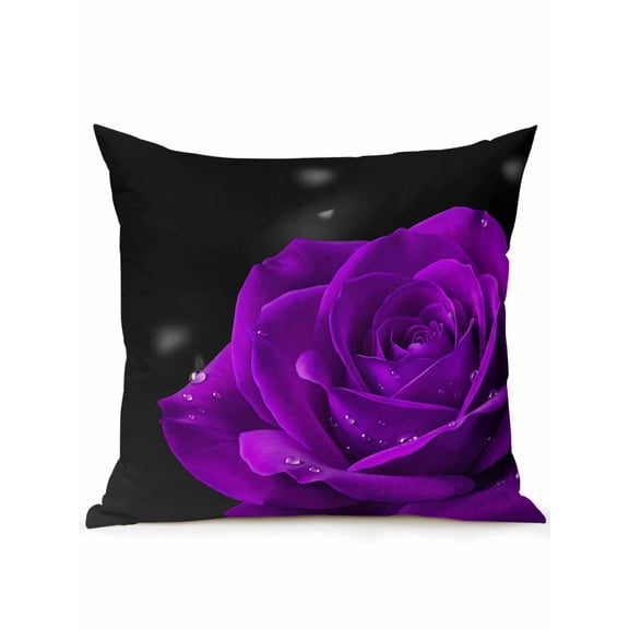1 Pack Outdoor Throw Pillow, Purple Rose Waterproof Pillow with Insert Included, Abstract Spring Flowers Vintage Black Decorative Accent Cushion Sofa Pillows for Patio Porch, 18 x 18 In