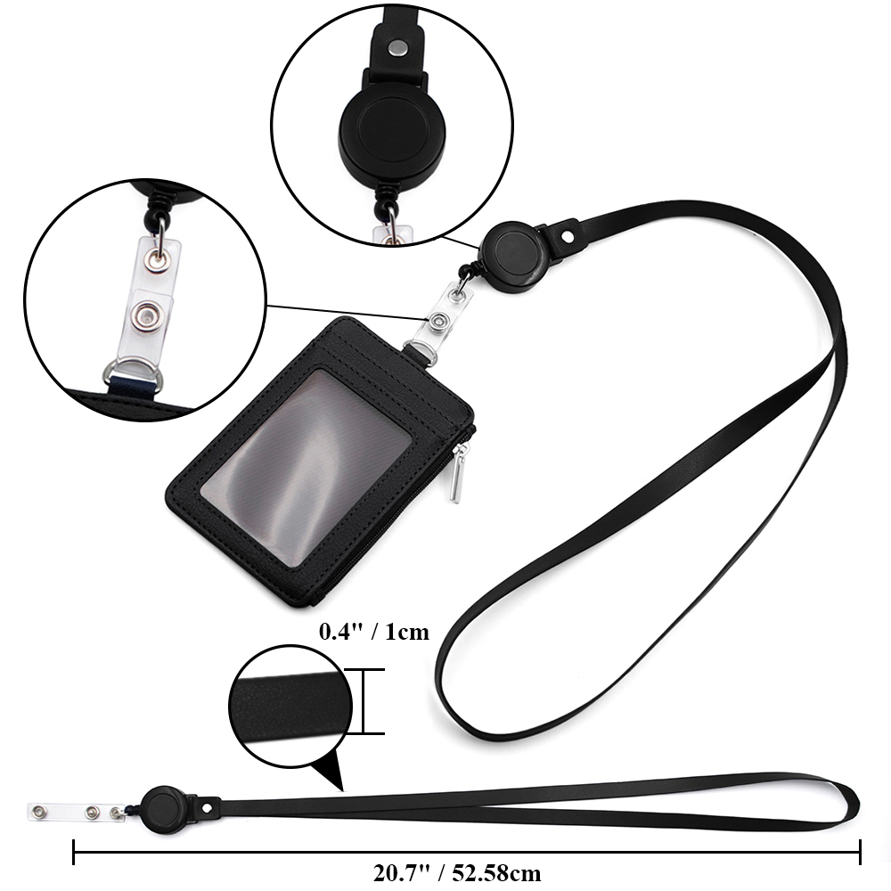 GOGO PU Leather Badge Holder Name Tag ID Card Holder Wallet Case with Retractable Reel Neck Lanyard-Black