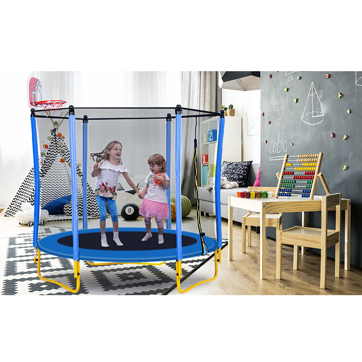 Kadyn 5.5FT Children Trampoline, Metal Mini Small Trampolines with Enclosure, Basketball Hoop and Ball Included, Indoor Outdoor Mini Trampoline for Kids, Blue Kadyn 5.5FT Children Trampoline, Metal Mini Small Trampolines with Enclosure, Basketball Hoop and Ball Included, Indoor Outdoor Mini Trampoline for Kids, Blue