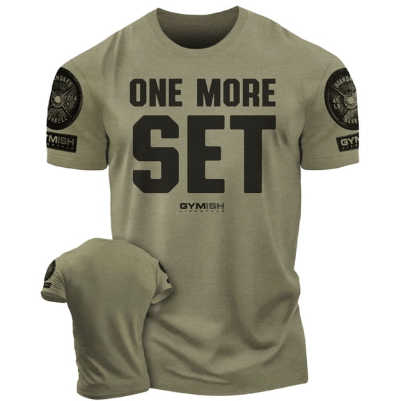 Gymish One More Set Workout Shirt for Men – Motivational Gym Tee, Funny Lifting T-Shirt, Military Green with Sleeve Logo, Small