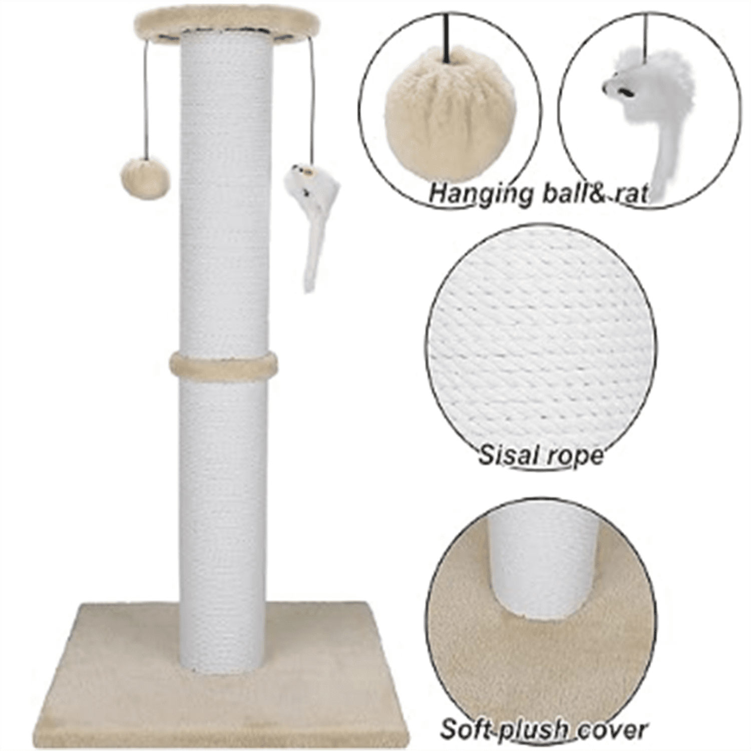 Cat Scratching Post 34 Inches Heavy Duty and Thicker Cat Scratching Post Sisal Rope with Hanging Ball and Mice Scratching Post for Indoor Cats and Adult(Beige)