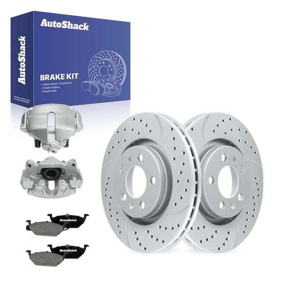 AutoShack Front Vented Drilled & Slotted Coated Brake Rotors Silver Matte Finish   Ceramic Pads   Calipers 8-PC Brake Kit Replacement for 2006 Volkswagen Jetta TurboGuard 11.02" (280 mm)