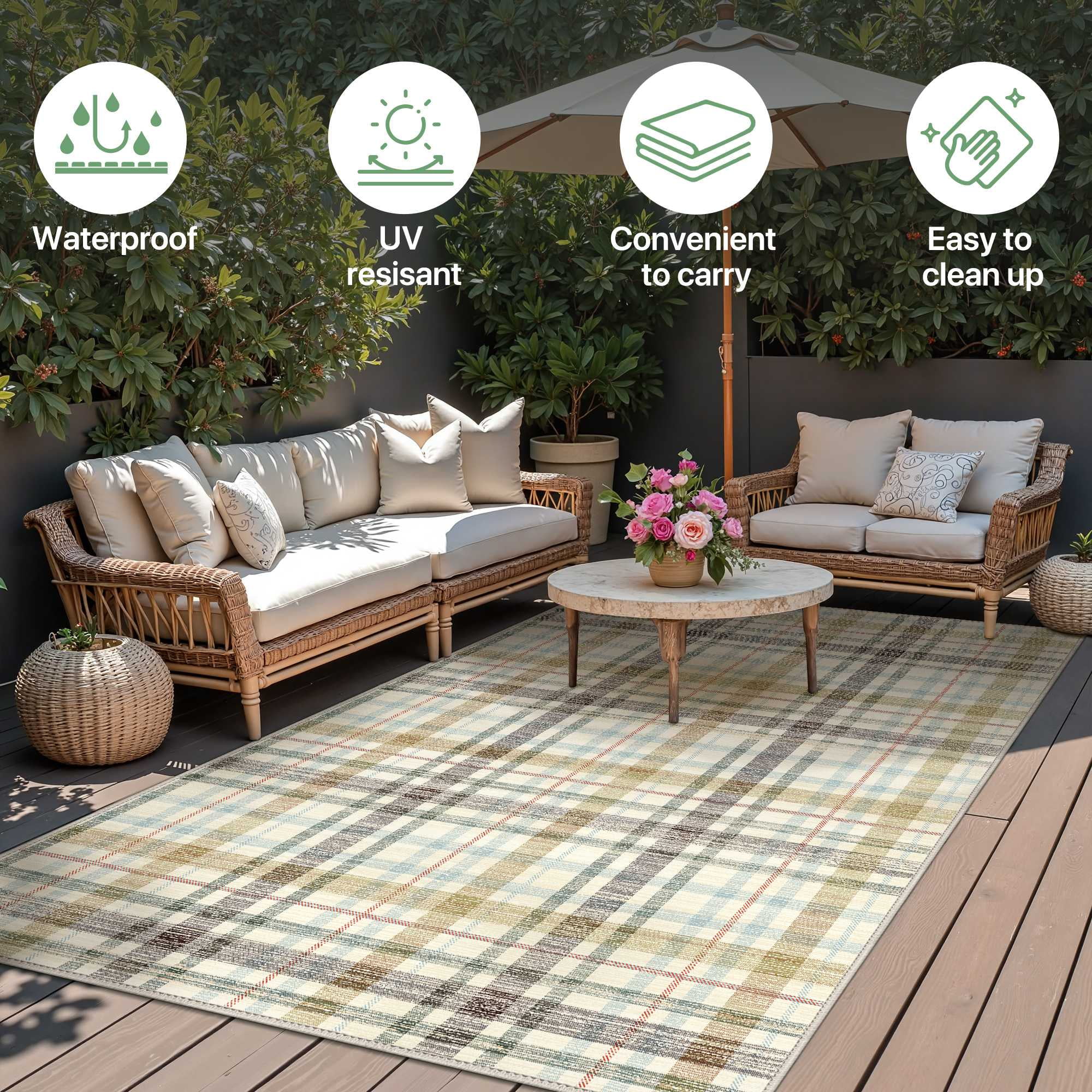 DEORAB Outdoor Rugs 5'X7' Chenille Patio Rug Three-Layer Material Imitation Silicone Spot Molding Camping Outside Rv Mat,Brown & Beige