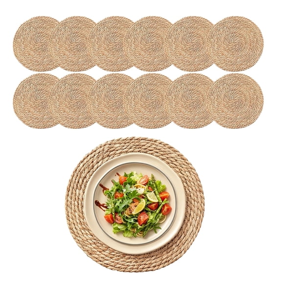 12-Pack Round Woven Placemats — 13.5" Boho Rattan Chargers for Dining Table, Straw Braided Place Mats for Farmhouse & Wedding Decor
