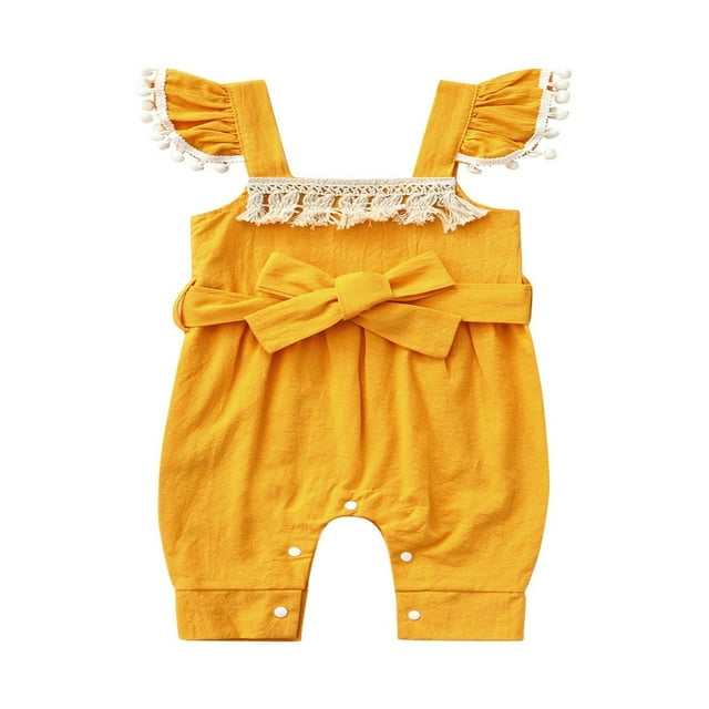 Infant Baby Girl Summer Jumpsuit Ruffle Fly Sleeve Square Neck Tassel Decoration Bodysuit with Bow Belt