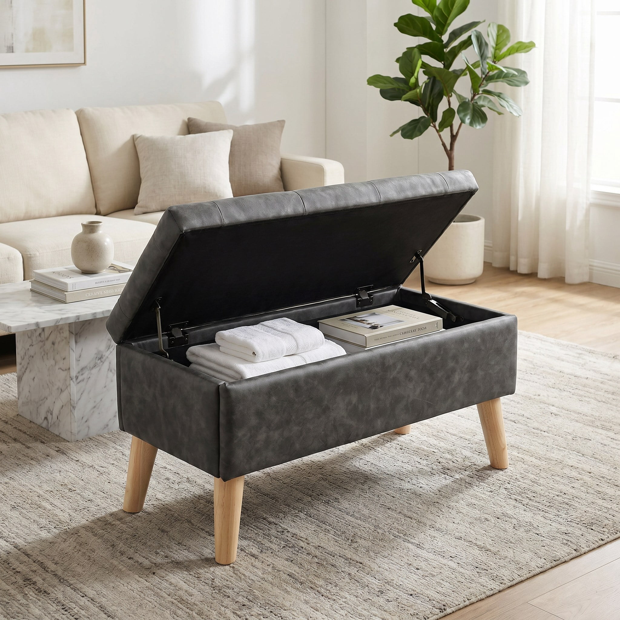 32" Wide Storage Ottoman Bench with Built-in Tray, Square Storage Ottoman for Extra Storage, Upholstered Footrest and End of Bed Bench, Perfect for Living Room, Bedroom, Sitting, Relaxing