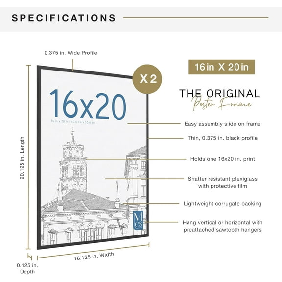 Original Poster Frame 16x20 Black Lightweight Wall Hanging Picture Frame for Posters & Art Prints (2-Pack)