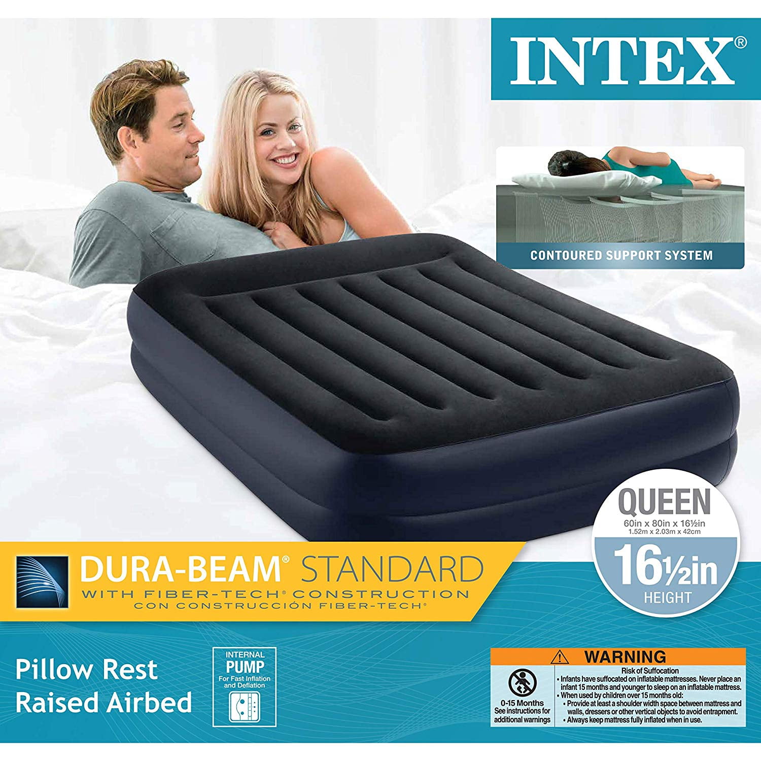 Queen Intex Pillow Rest Raised Fiber Tech Air Mattress Bed with Built In Pump 